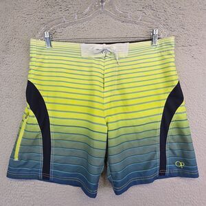 OP Board Shorts Mens 34 Yellow‎ Blue Striped  4 Way Stretch Surfing Swim Beach